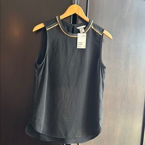 H&M Black Sleeveless Blouse with leather and gold bead Mandarin Collar. NWT